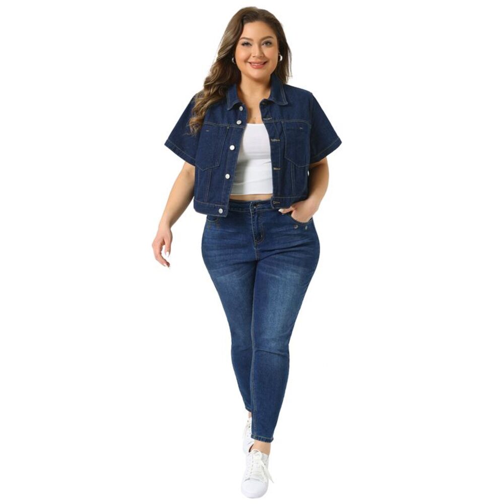Women's Plus Size Short Sleeve Button Cropped Denim Jackets Dark Blue - Picture 3 of 5